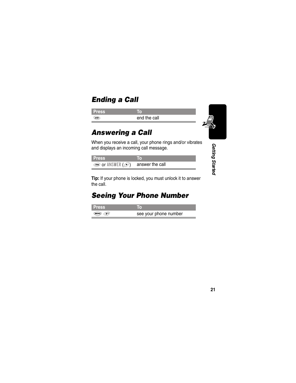 Ending a call, Answering a call, Seeing your phone number | Ending a call answering a call | Motorola 120e User Manual | Page 23 / 184