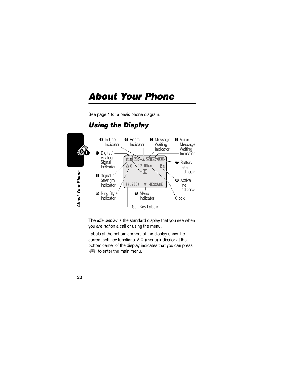 About your phone, Using the display | Motorola 120e User Manual | Page 24 / 184