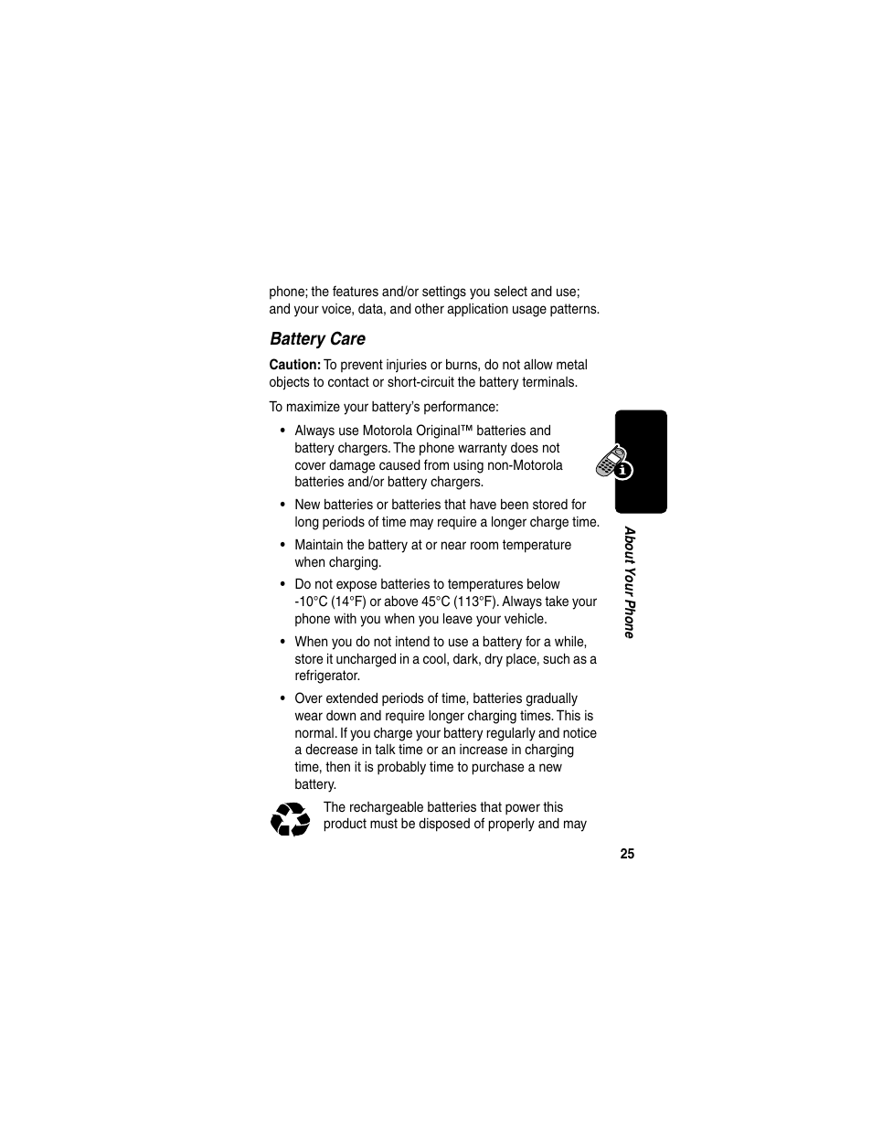 Battery care | Motorola 120e User Manual | Page 27 / 184