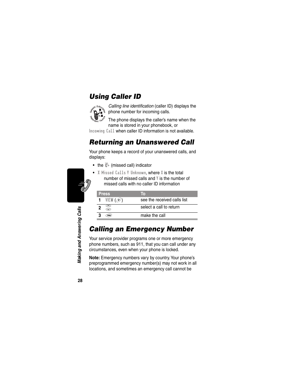 Using caller id, Returning an unanswered call, Calling an emergency number | Motorola 120e User Manual | Page 30 / 184