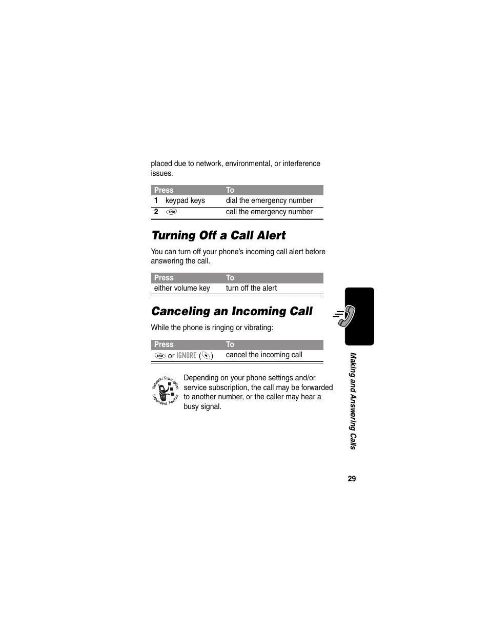 Turning off a call alert, Canceling an incoming call | Motorola 120e User Manual | Page 31 / 184