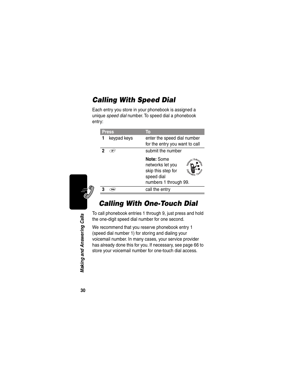 Calling with speed dial, Calling with onetouch dial, Synchronizing with truesync software | Calling with one-touch dial | Motorola 120e User Manual | Page 32 / 184