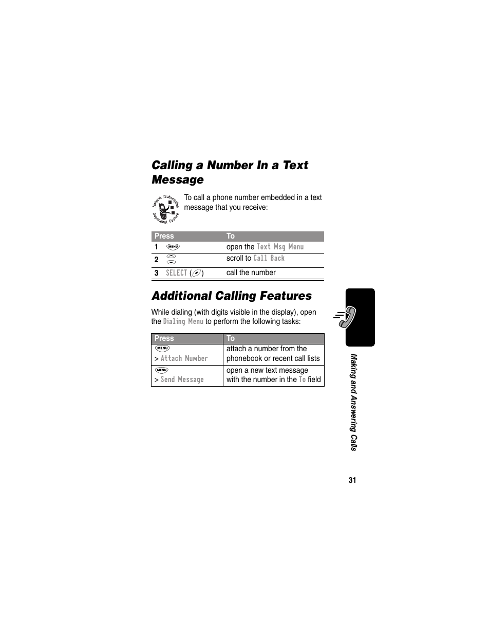 Calling a number in a text message, Additional calling features | Motorola 120e User Manual | Page 33 / 184