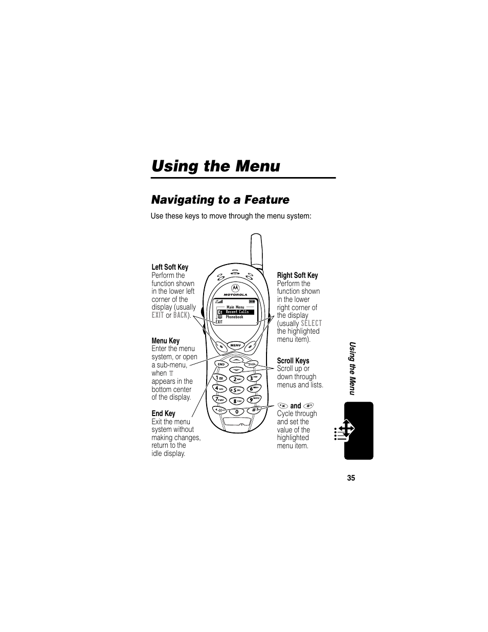 Using the menu, Navigating to a feature | Motorola 120e User Manual | Page 37 / 184