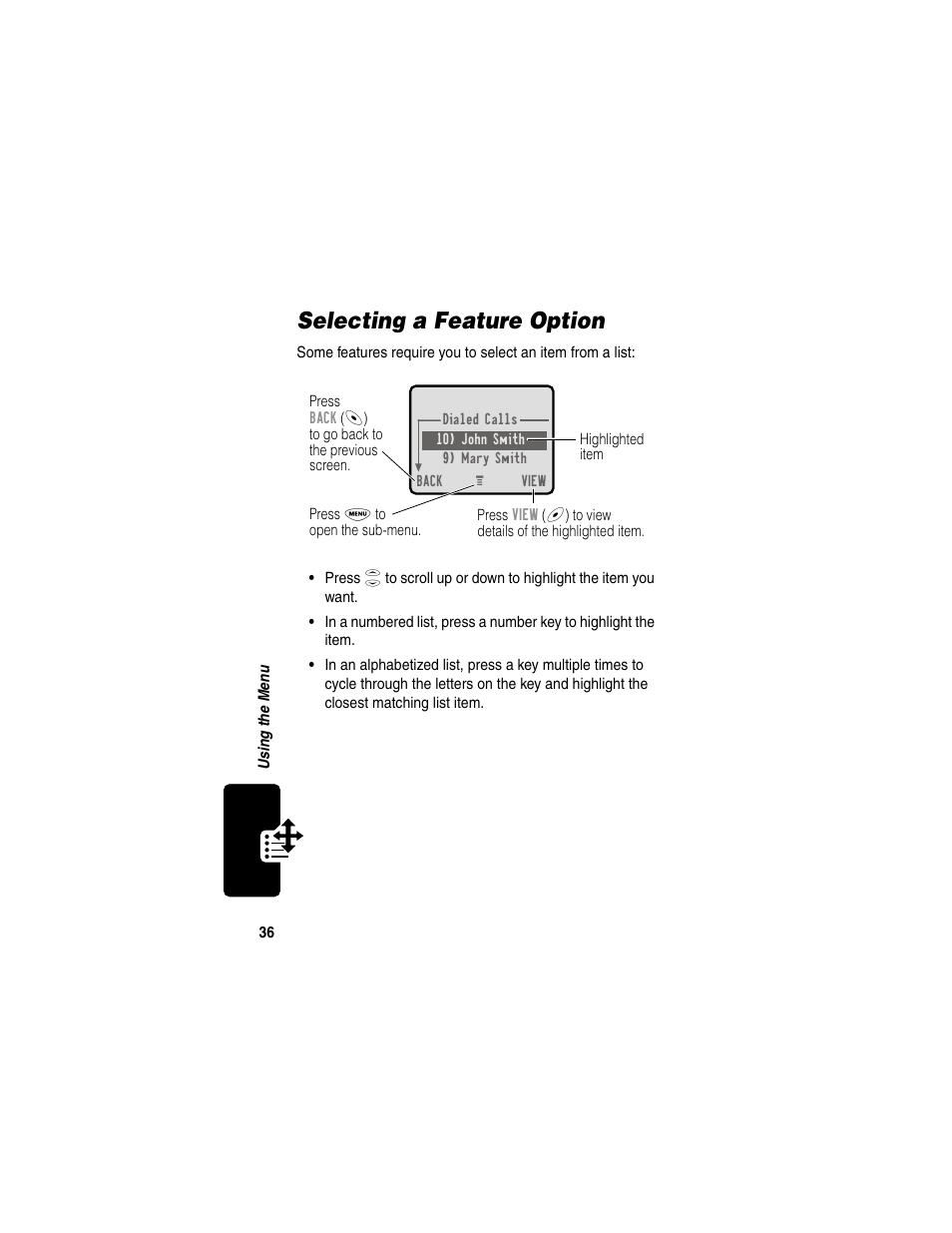 Selecting a feature option | Motorola 120e User Manual | Page 38 / 184