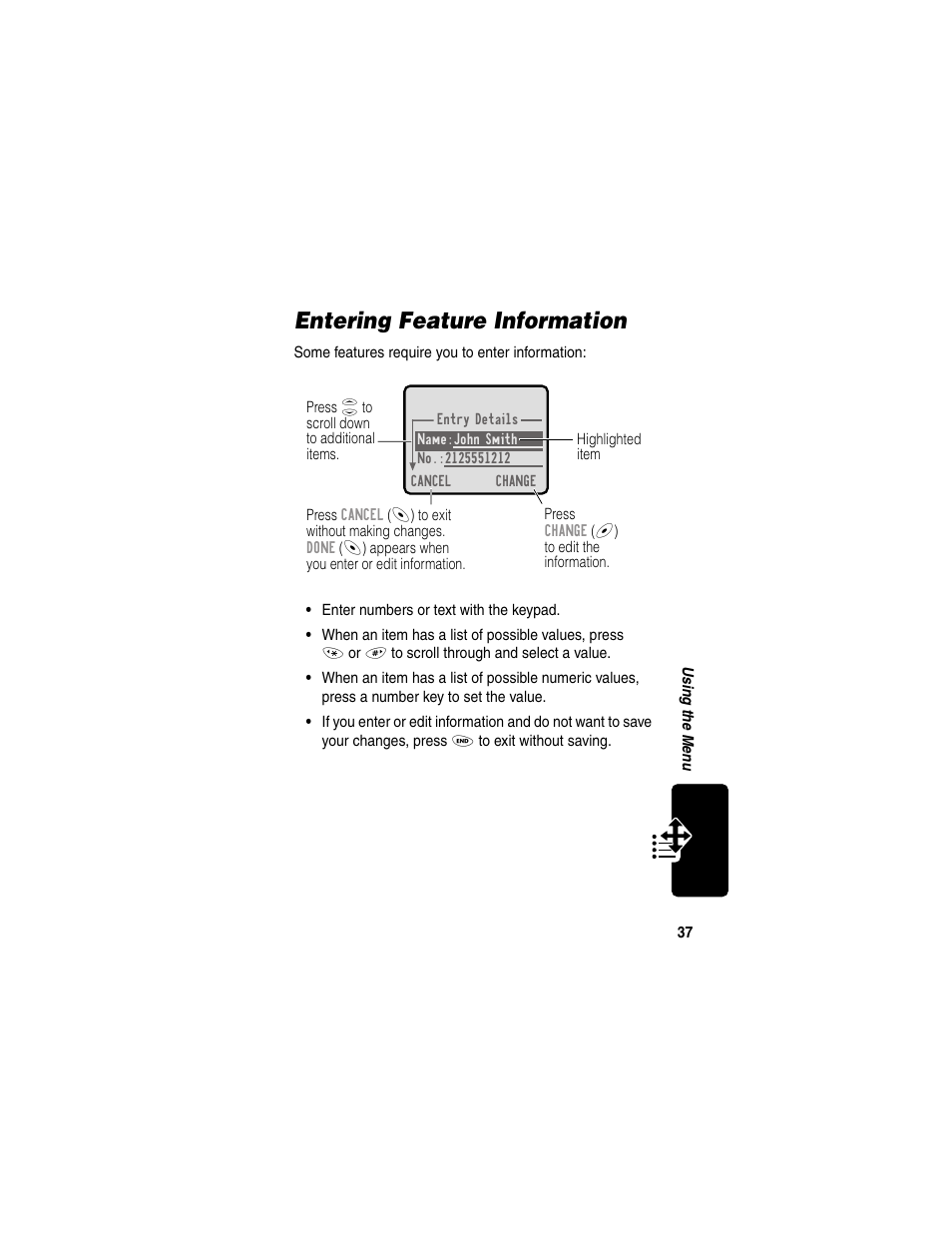 Entering feature information | Motorola 120e User Manual | Page 39 / 184
