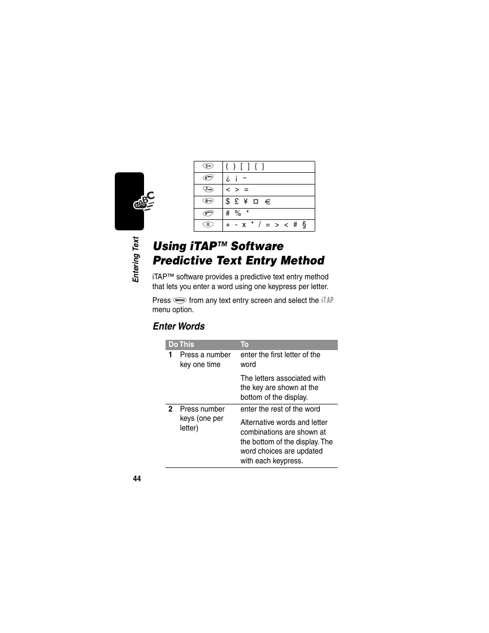Using itap™ software predictive text entry method, Enter words | Motorola 120e User Manual | Page 46 / 184
