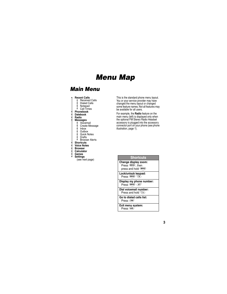 Menu map, Main menu | Motorola 120e User Manual | Page 5 / 184