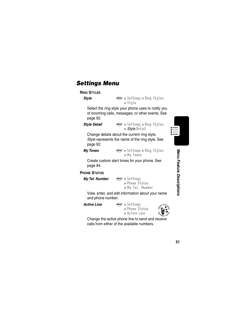 Settings menu | Motorola 120e User Manual | Page 53 / 184
