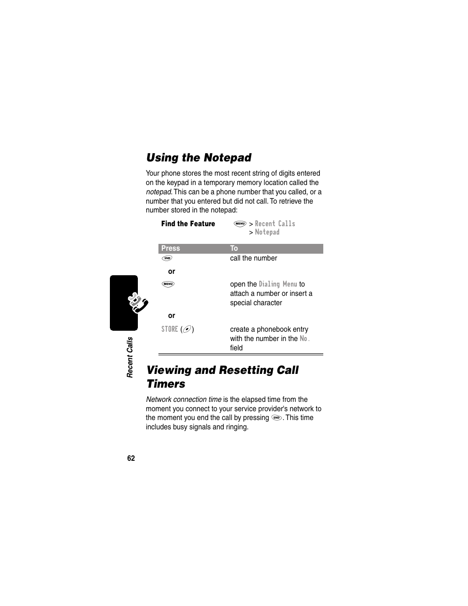 Using the notepad, Viewing and resetting call timers | Motorola 120e User Manual | Page 64 / 184