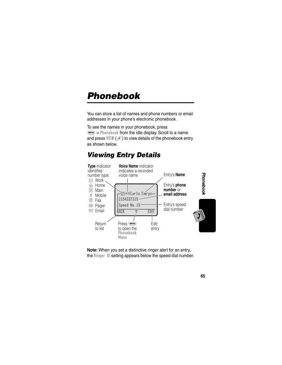 Phonebook, Viewing entry details | Motorola 120e User Manual | Page 67 / 184