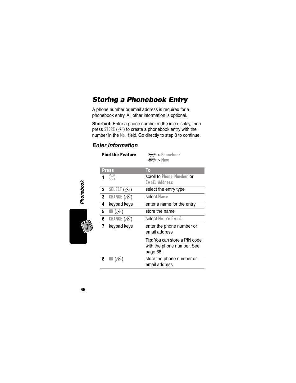 Storing a phonebook entry, Enter information | Motorola 120e User Manual | Page 68 / 184