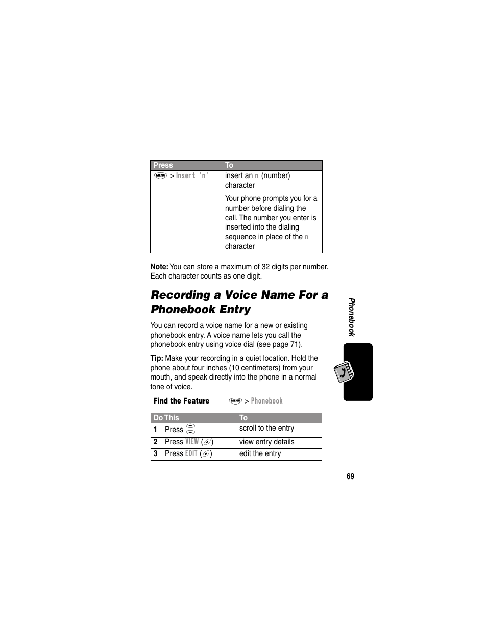 Recording a voice name for a phonebook entry | Motorola 120e User Manual | Page 71 / 184