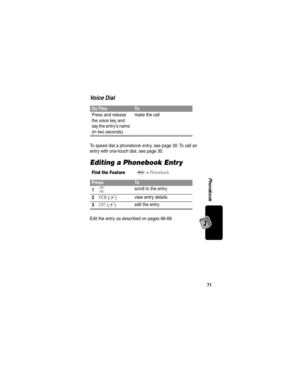 Editing a phonebook entry, Voice dial | Motorola 120e User Manual | Page 73 / 184