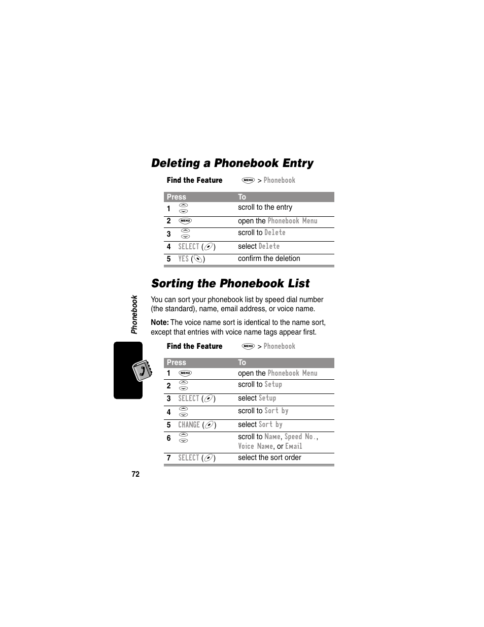 Deleting a phonebook entry, Sorting the phonebook list | Motorola 120e User Manual | Page 74 / 184