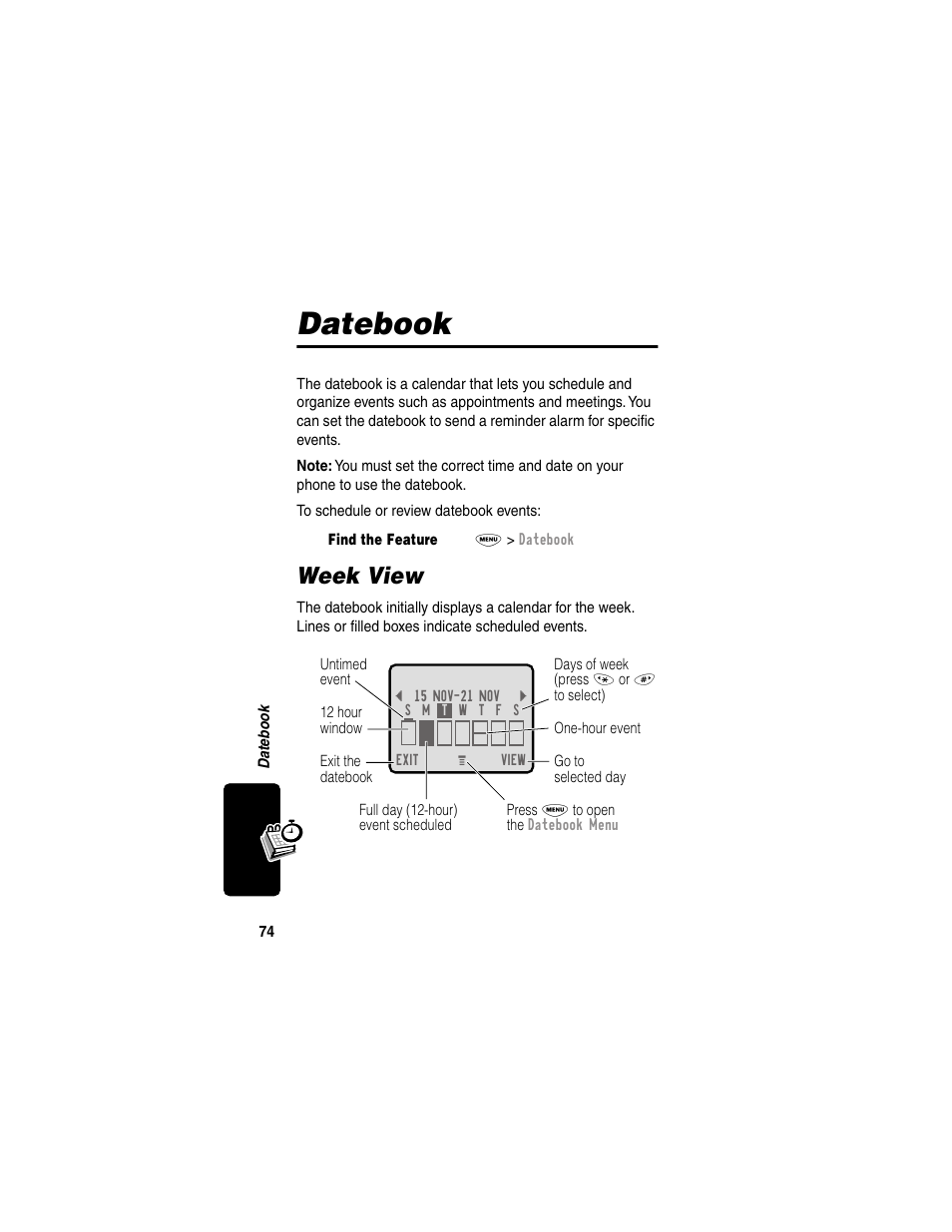 Datebook, Week view | Motorola 120e User Manual | Page 76 / 184