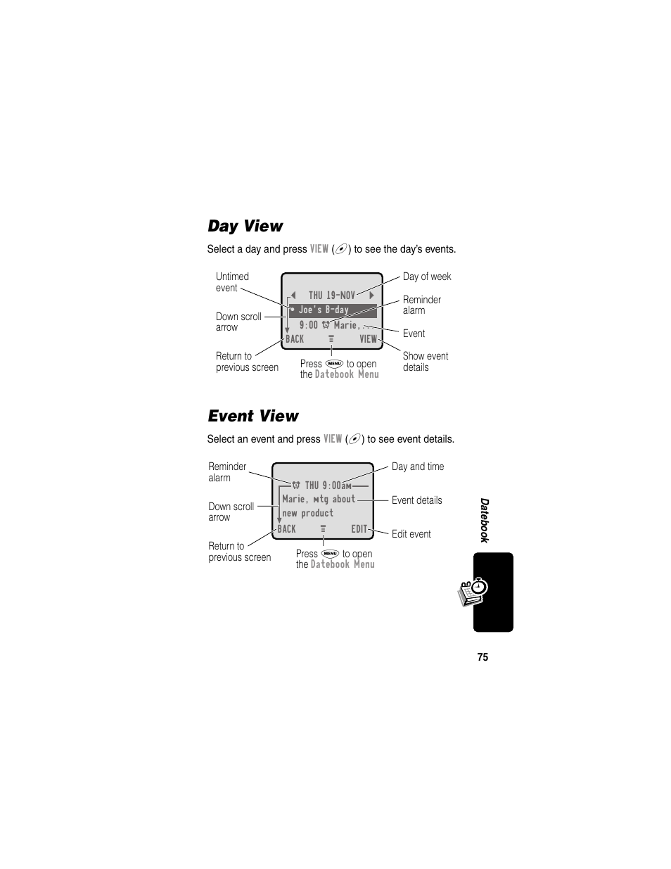 Day view, Event view, Day view event view | Motorola 120e User Manual | Page 77 / 184