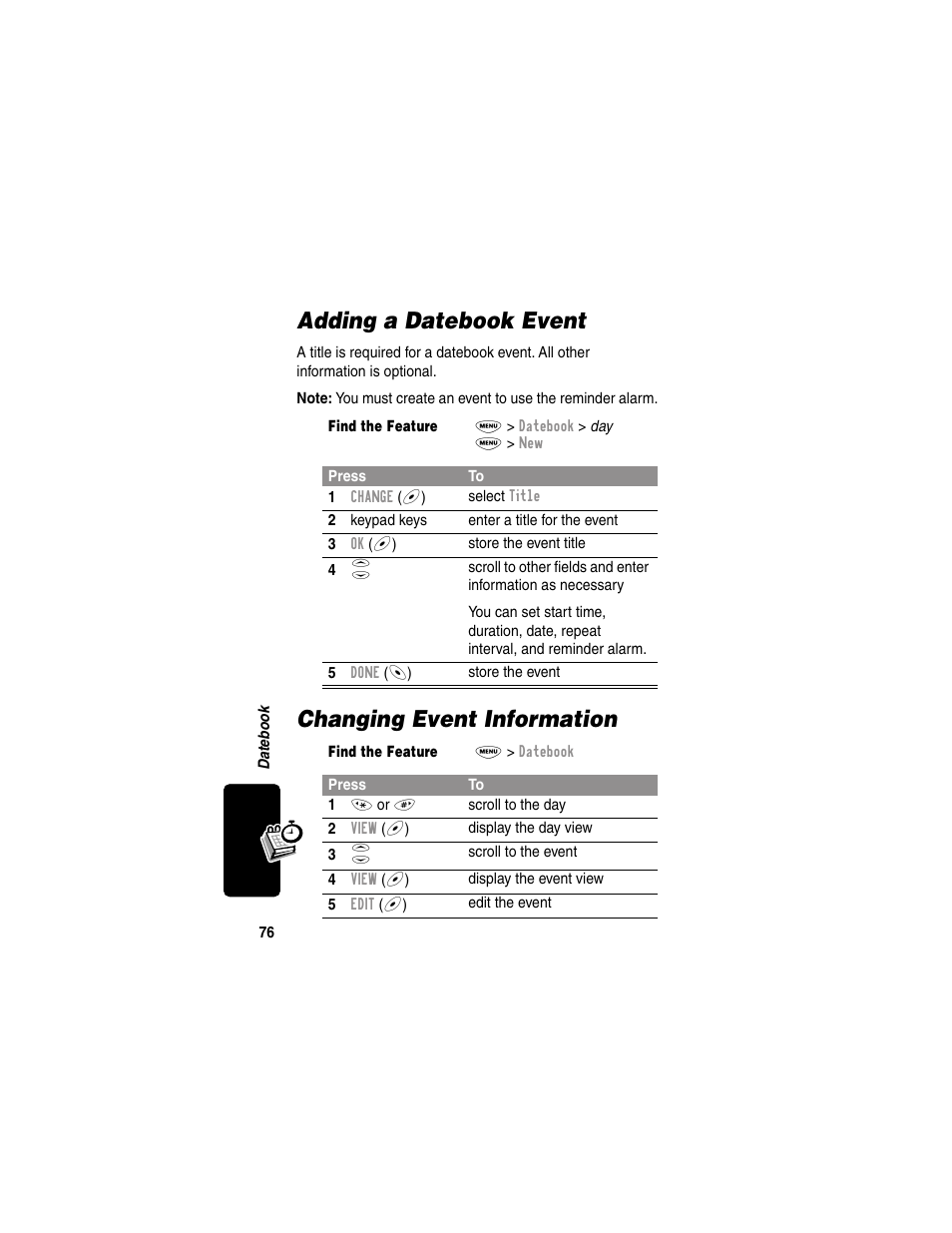 Adding a datebook event, Changing event information, Adding a datebook event changing event information | Motorola 120e User Manual | Page 78 / 184