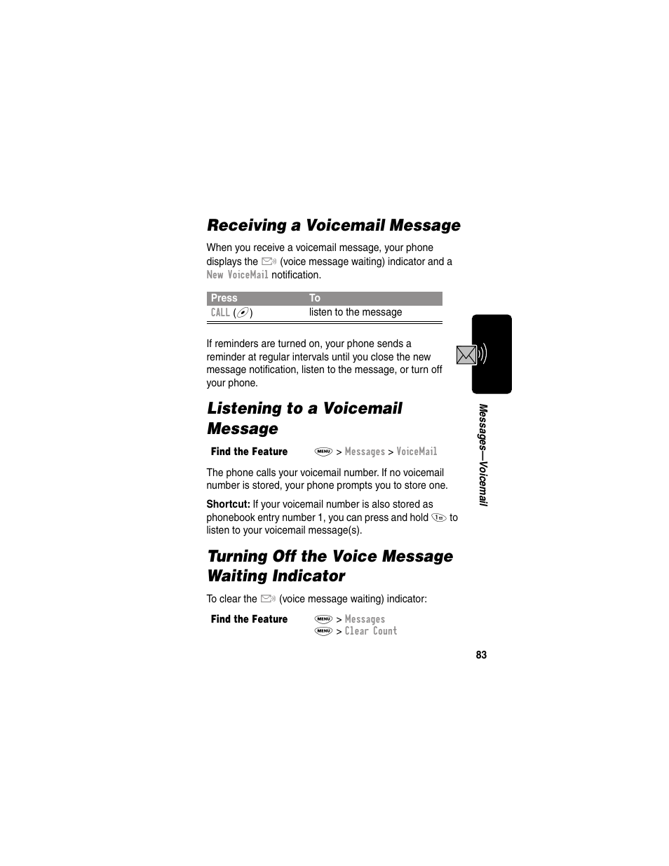 Receiving a voicemail message, Listening to a voicemail message, Turning off the voice message waiting indicator | Motorola 120e User Manual | Page 85 / 184