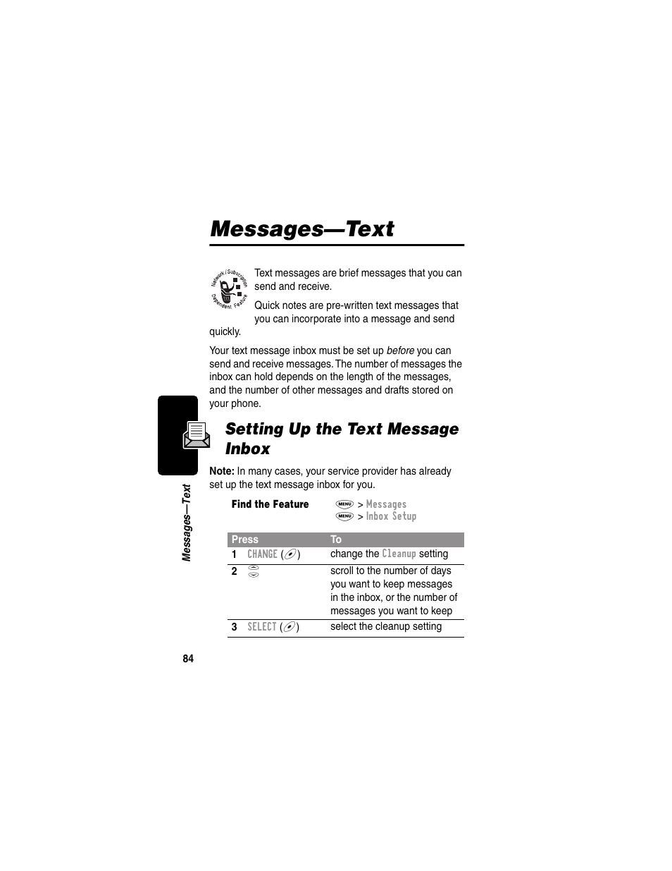 Messages—text, Setting up the text message inbox, Xt messages | Motorola 120e User Manual | Page 86 / 184