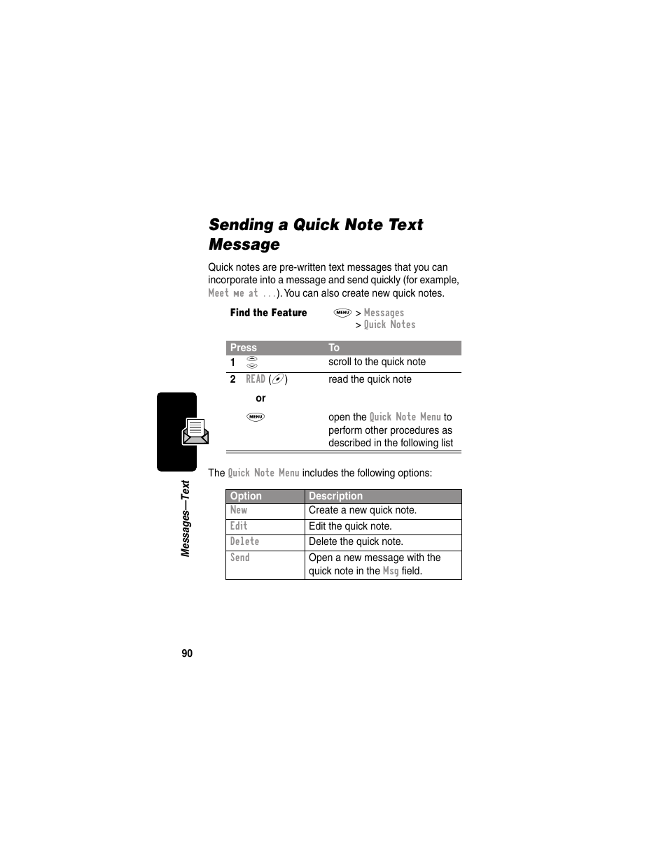 Sending a quick note text message | Motorola 120e User Manual | Page 92 / 184