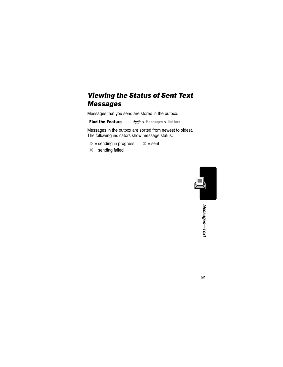 Viewing the status of sent text messages | Motorola 120e User Manual | Page 93 / 184