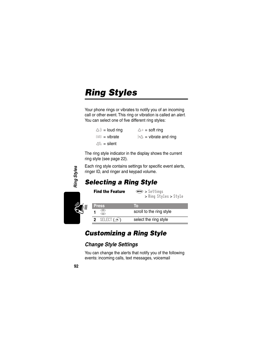 Ring styles, Selecting a ring style, Customizing a ring style | Tty operation, Selecting a ring style customizing a ring style | Motorola 120e User Manual | Page 94 / 184