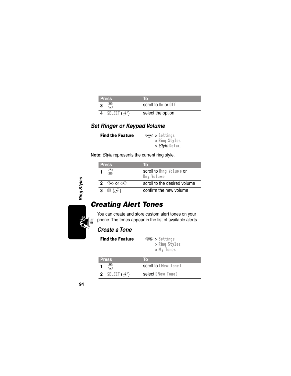 Creating alert tones, Set ringer or keypad volume, Create a tone | Motorola 120e User Manual | Page 96 / 184