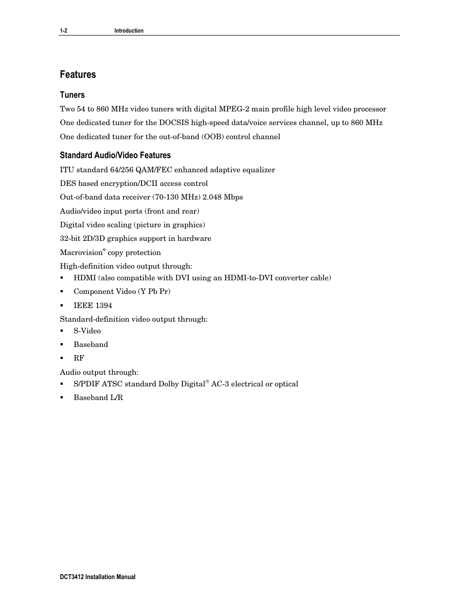 Features, Tuners, Standard audio/video features | Motorola DCT3412 User Manual | Page 10 / 77