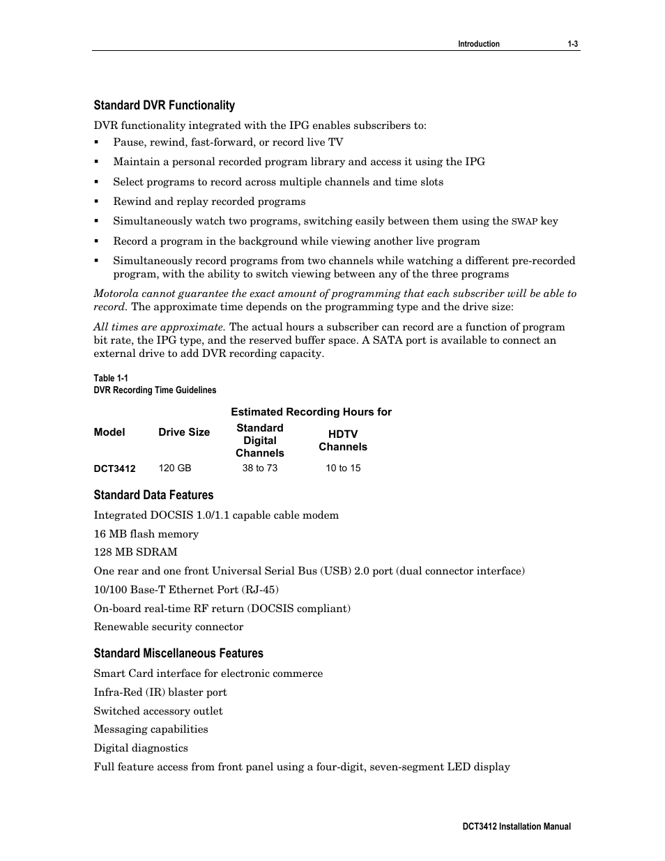 Standard dvr functionality, Standard data features, Standard miscellaneous features | Motorola DCT3412 User Manual | Page 11 / 77