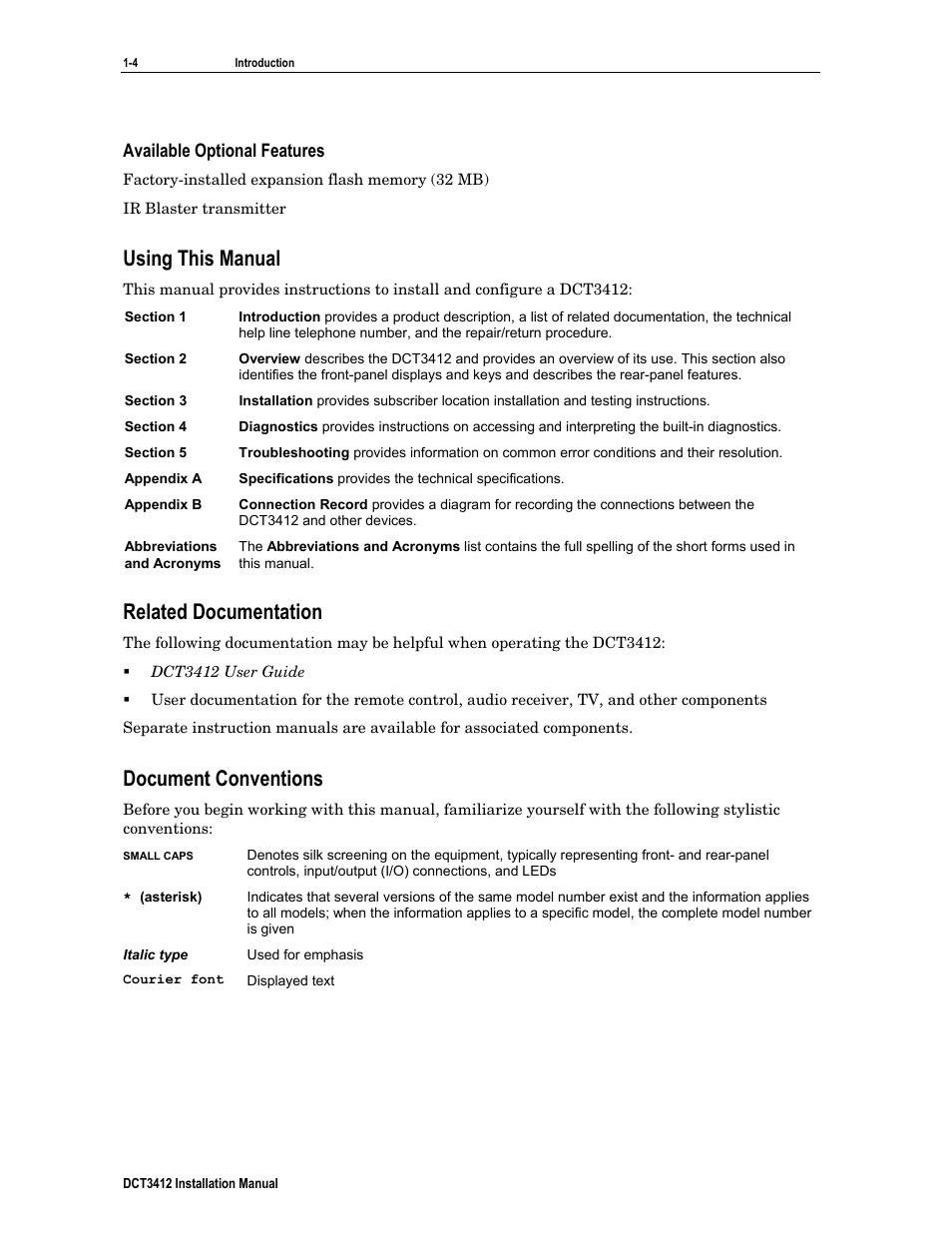 Available optional features, Using this manual, Related documentation | Document conventions | Motorola DCT3412 User Manual | Page 12 / 77