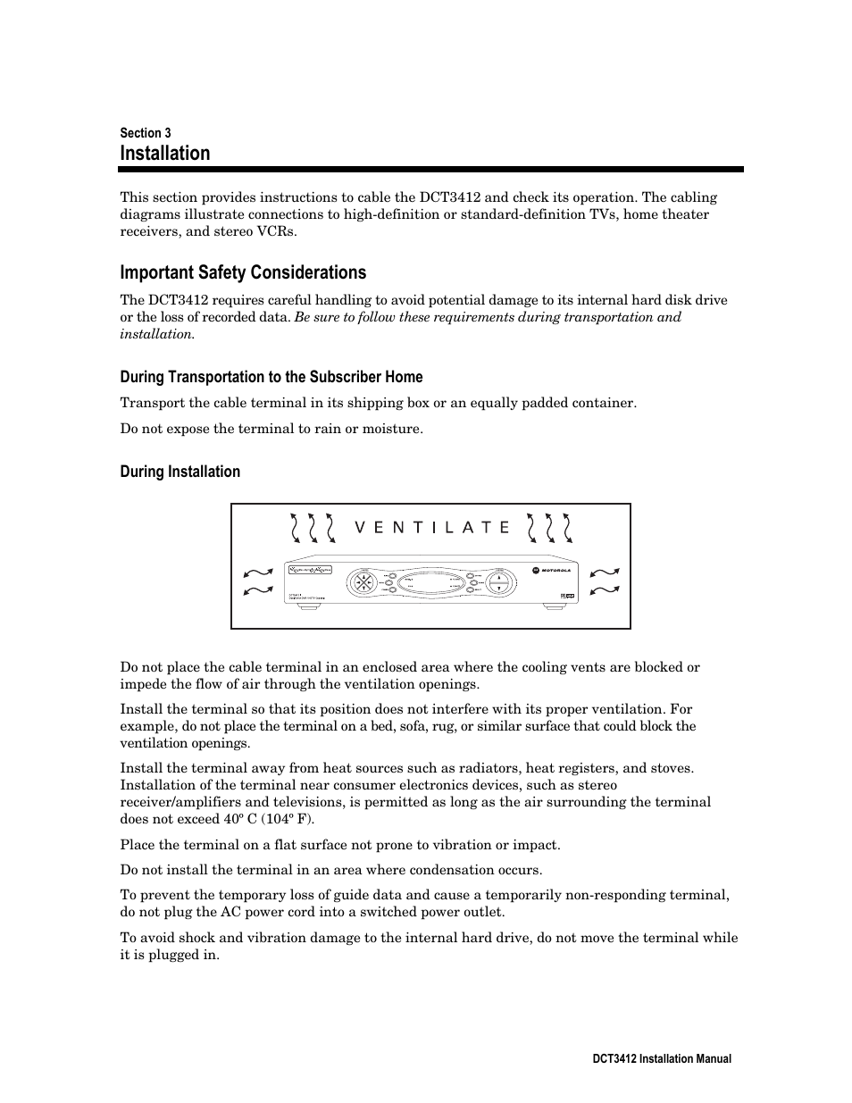 Installation, Important safety considerations, During transportation to the subscriber home | During installation | Motorola DCT3412 User Manual | Page 17 / 77