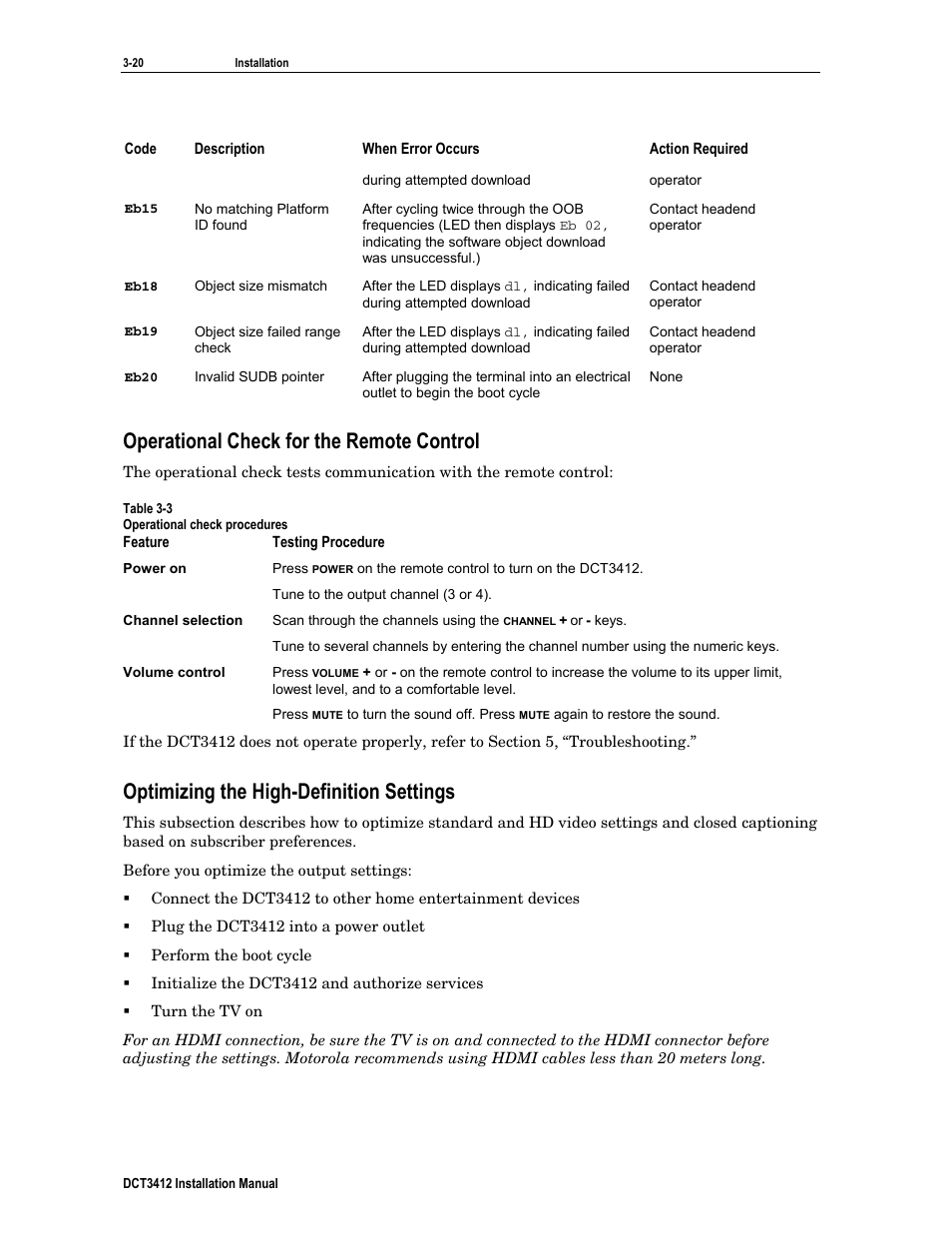 Operational check for the remote control, Optimizing the high-definition settings | Motorola DCT3412 User Manual | Page 36 / 77