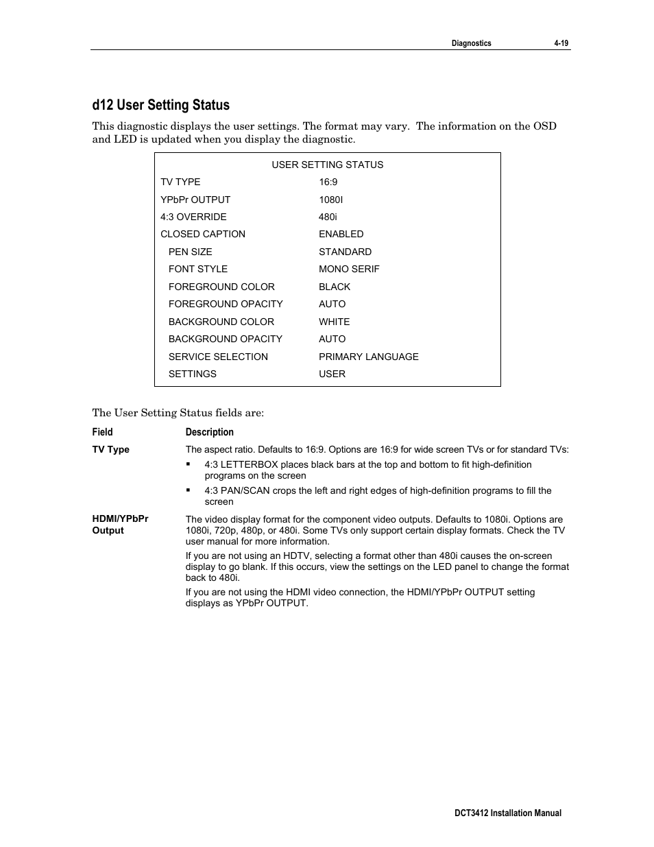 D12 user setting status | Motorola DCT3412 User Manual | Page 59 / 77