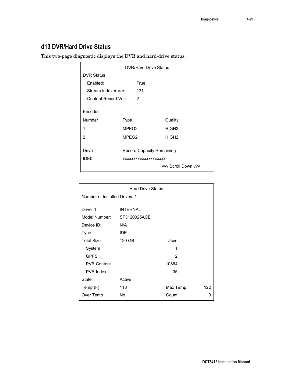 D13 dvr/hard drive status | Motorola DCT3412 User Manual | Page 61 / 77