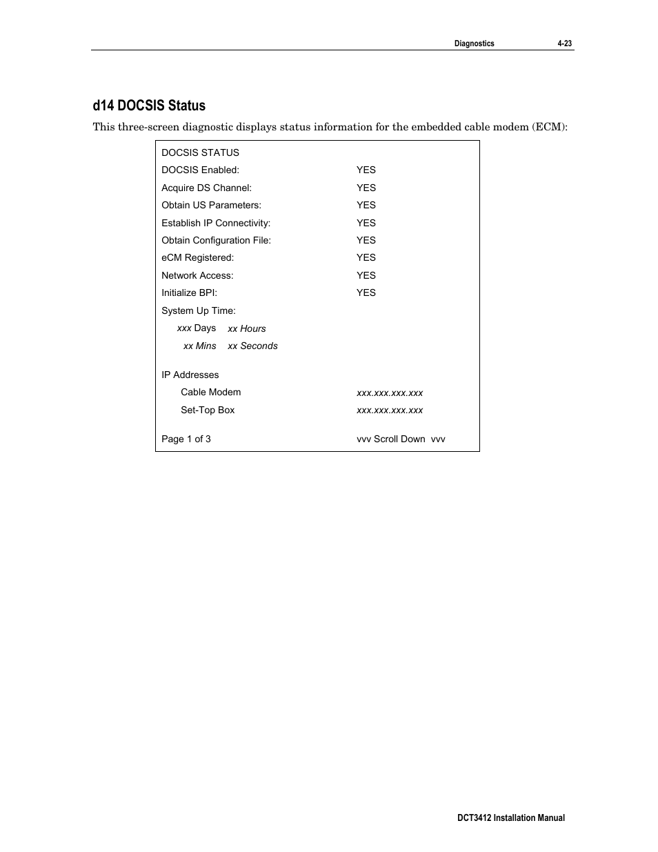 D14 docsis status | Motorola DCT3412 User Manual | Page 63 / 77