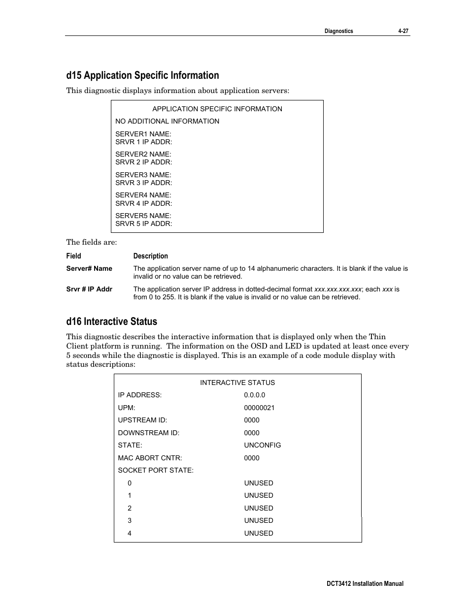 D15 application specific information, D16 interactive status | Motorola DCT3412 User Manual | Page 67 / 77