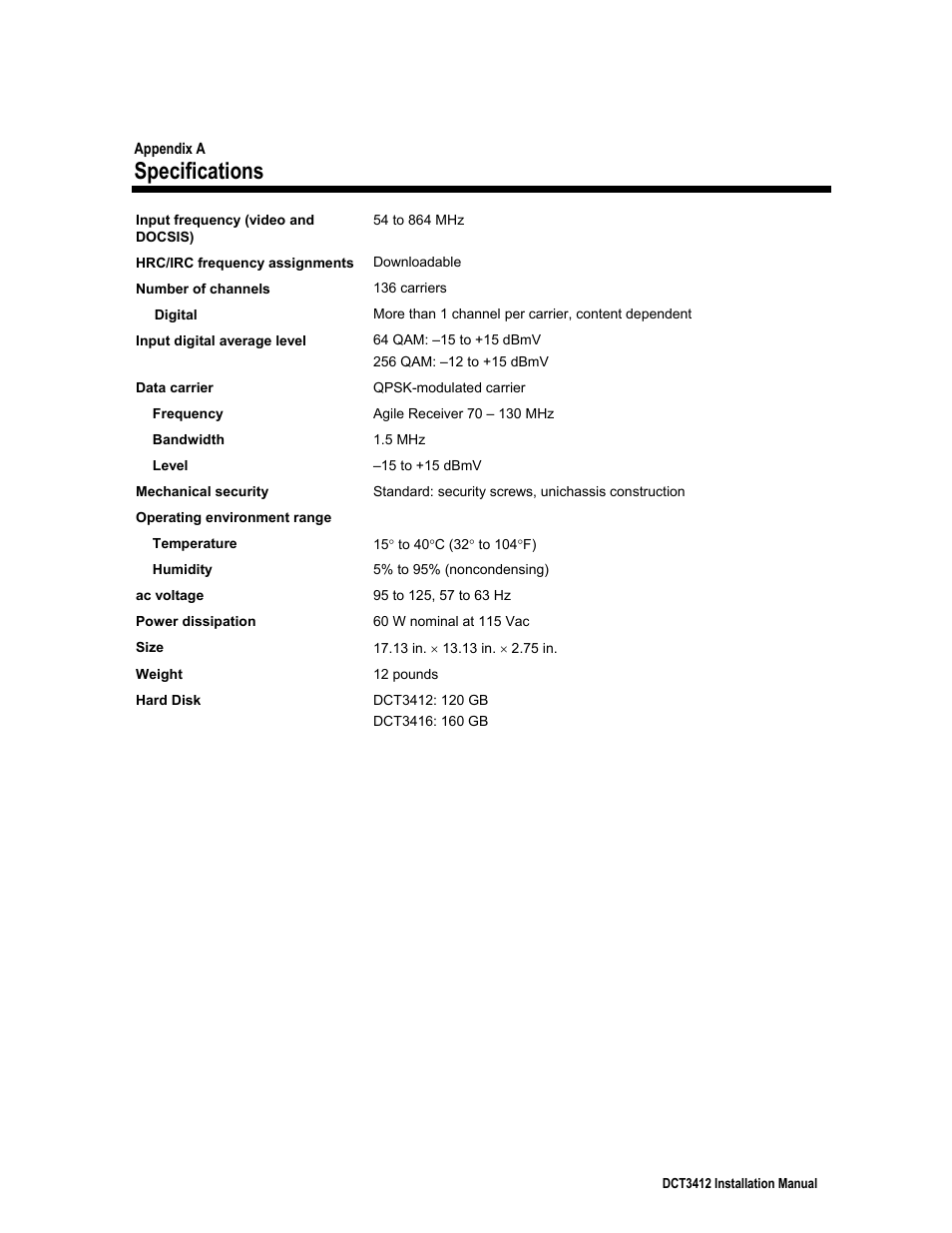 Specifications | Motorola DCT3412 User Manual | Page 73 / 77