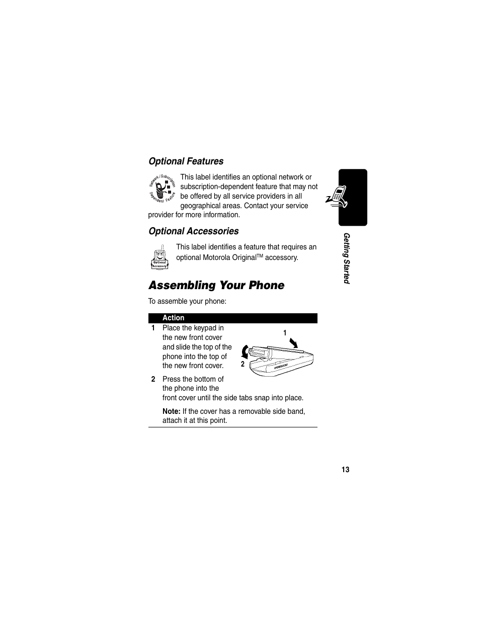 Assembling your phone, Optional features, Optional accessories | Motorola C353 User Manual | Page 15 / 94