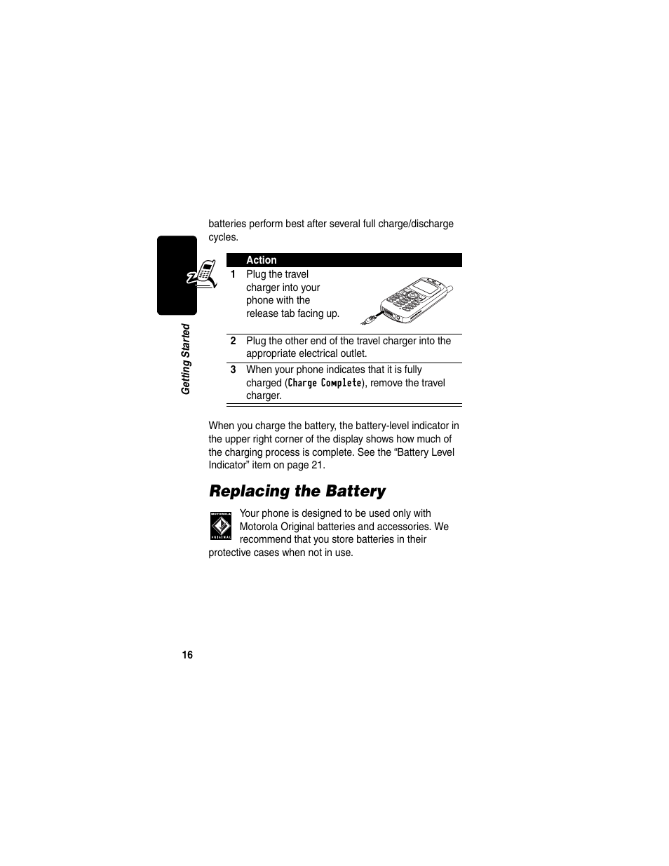 Replacing the battery | Motorola C353 User Manual | Page 18 / 94