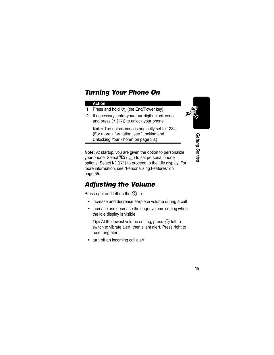 Turning your phone on, Adjusting the volume, Turning your phone on adjusting the volume | Motorola C353 User Manual | Page 21 / 94