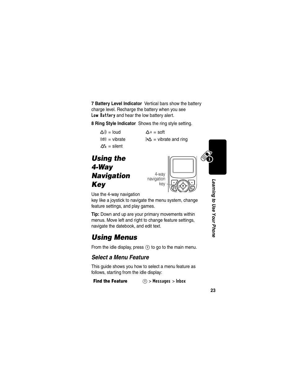 Using the 4way navigation key, Using menus, Using the 4-way navigation key using menus | Using the 4-way navigation key | Motorola C353 User Manual | Page 25 / 94