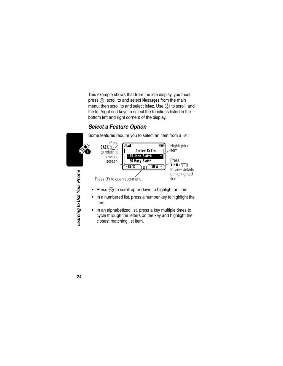 Select a feature option | Motorola C353 User Manual | Page 26 / 94