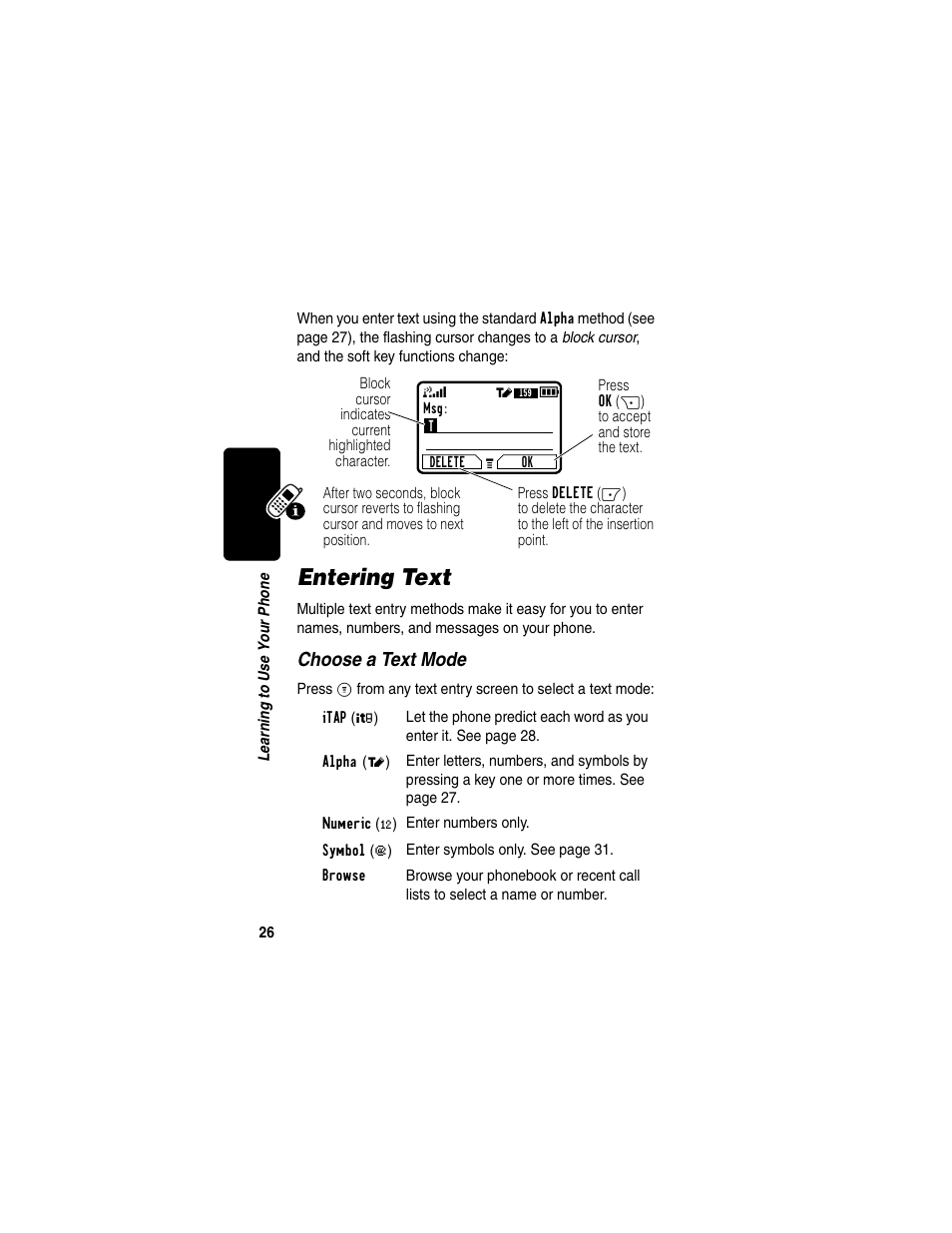 Entering text, Choose a text mode | Motorola C353 User Manual | Page 28 / 94