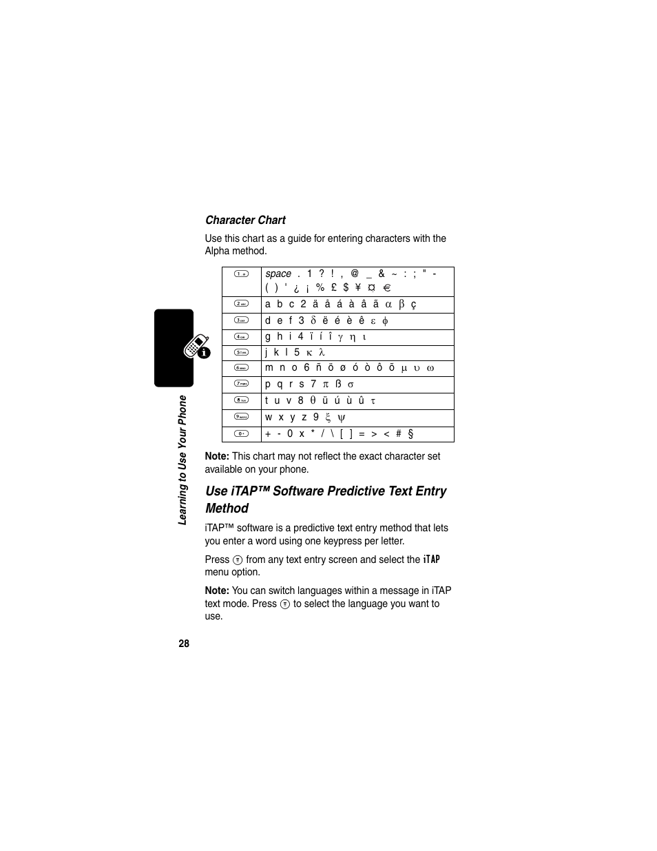 Use itap™ software predictive text entry method | Motorola C353 User Manual | Page 30 / 94