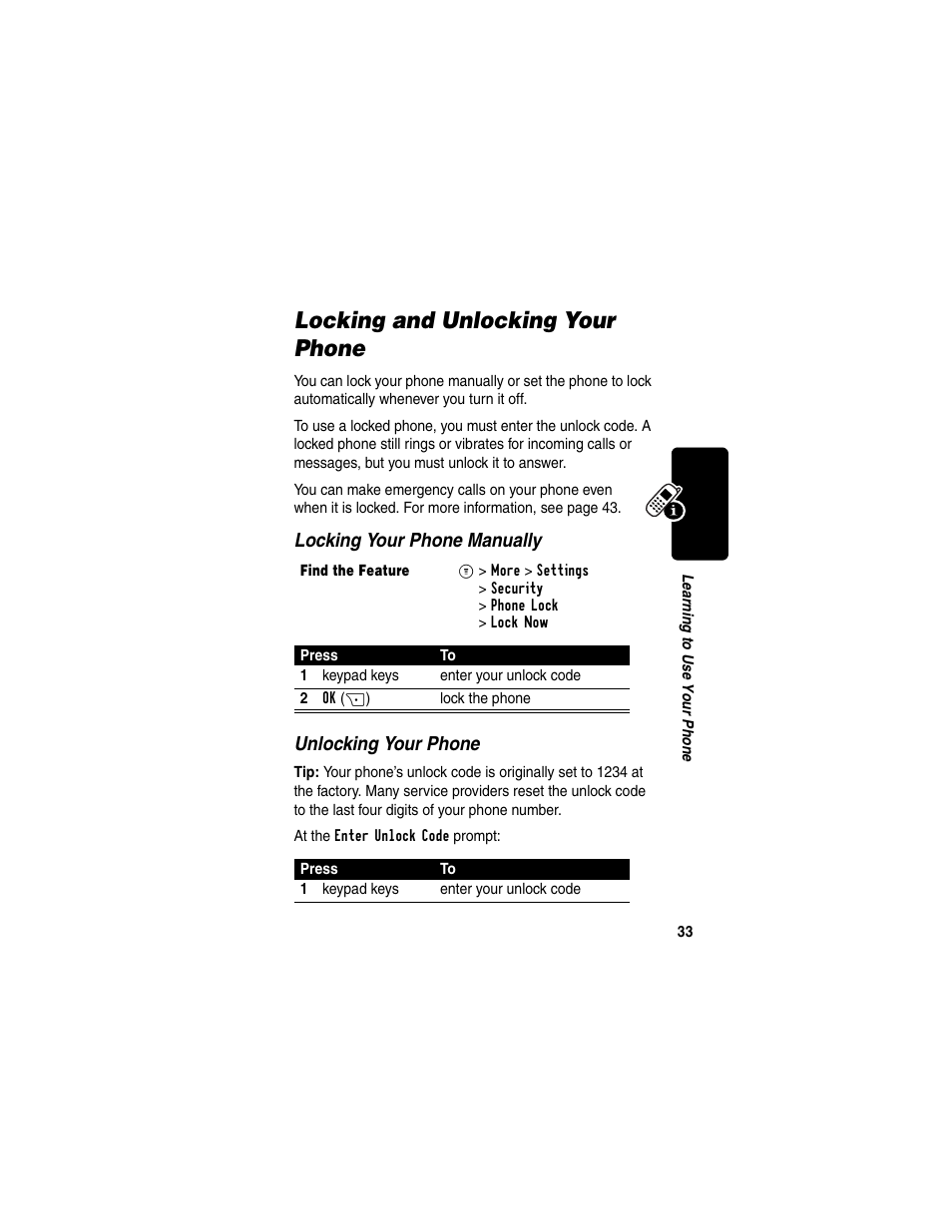 Locking and unlocking your phone, Locking your phone manually unlocking your phone | Motorola C353 User Manual | Page 35 / 94