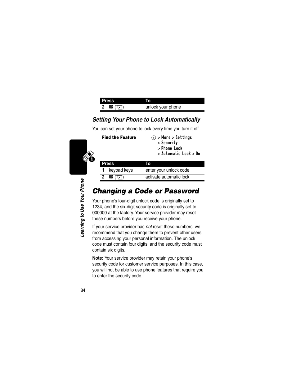 Changing a code or password, Setting your phone to lock automatically | Motorola C353 User Manual | Page 36 / 94