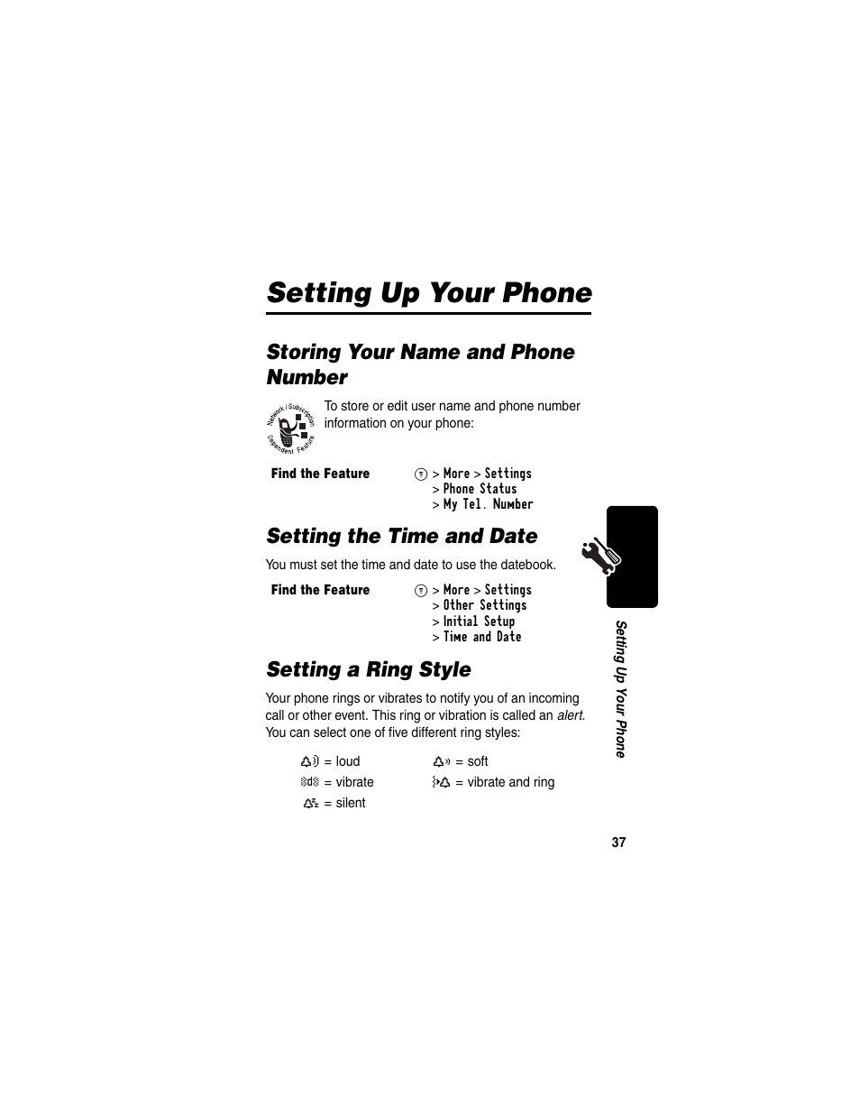 Setting up your phone, Storing your name and phone number, Setting the time and date | Setting a ring style | Motorola C353 User Manual | Page 39 / 94