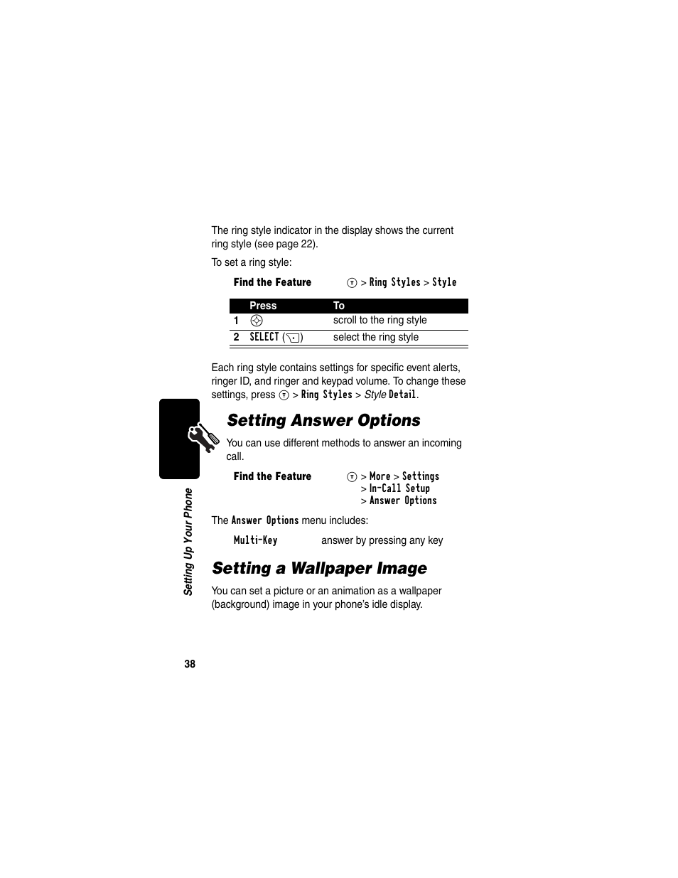 Setting answer options, Setting a wallpaper image | Motorola C353 User Manual | Page 40 / 94