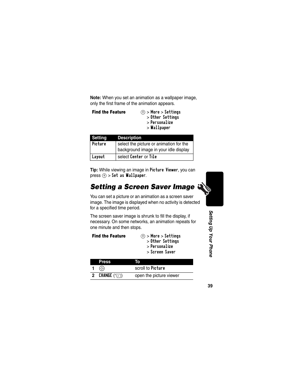 Setting a screen saver image | Motorola C353 User Manual | Page 41 / 94